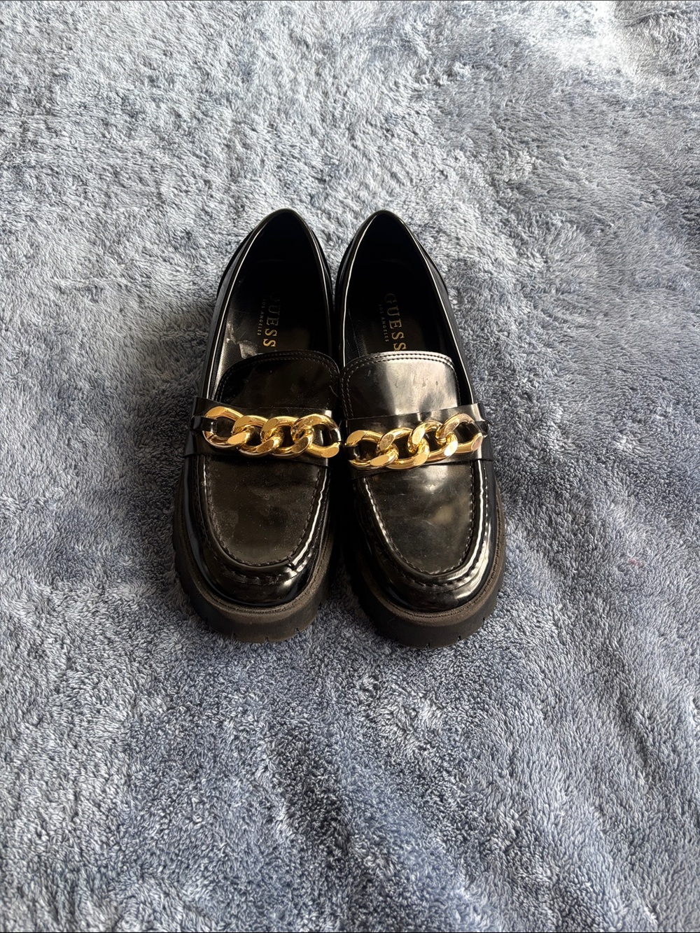 Guess Black Patent Loafers with Gold Chain